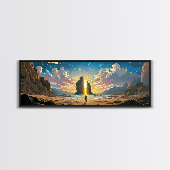 Golden Canyon Monolith At Sunrise Canvas Print, Epic Fantasy Landscape Wall Art, Modern Home Decor For Living Room Housewarming Gift