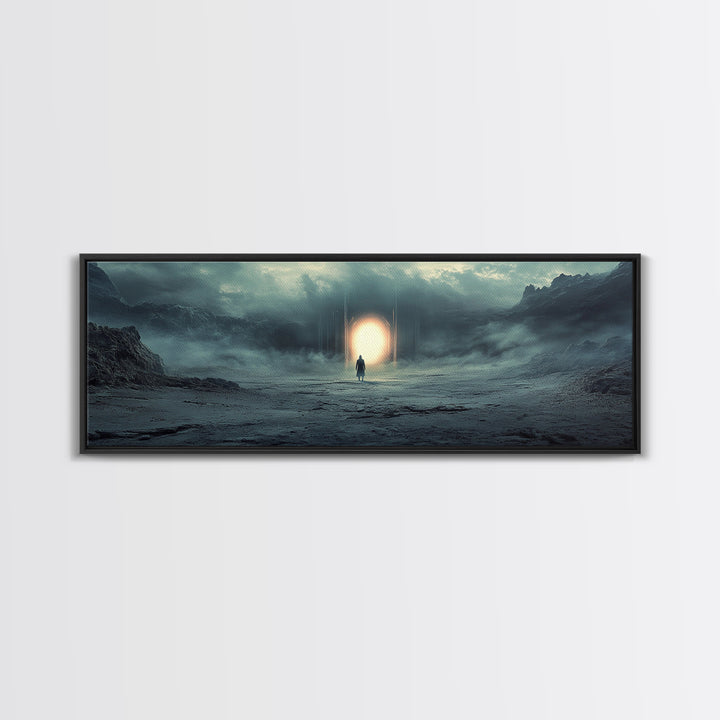 Misty Portal In Dark Mountains Wall Art, Moody Sci Fi Landscape Canvas Print, Atmospheric Office Decor And Modern Wall Decor