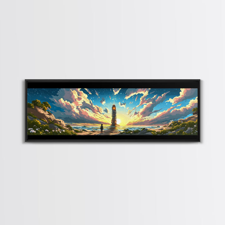 Colorful Beacon Tower By Ocean Sunset Canvas Print, Sci Fi Coastal Landscape Wall Art, Vibrant Living Room Wall Decor Gift