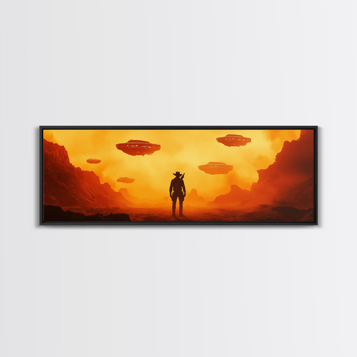 Orange Alien Canyon With UFOs And Cowboy Wall Art, Retro Sci Fi Western Canvas Print, Desert Landscape Decor Gift For Him