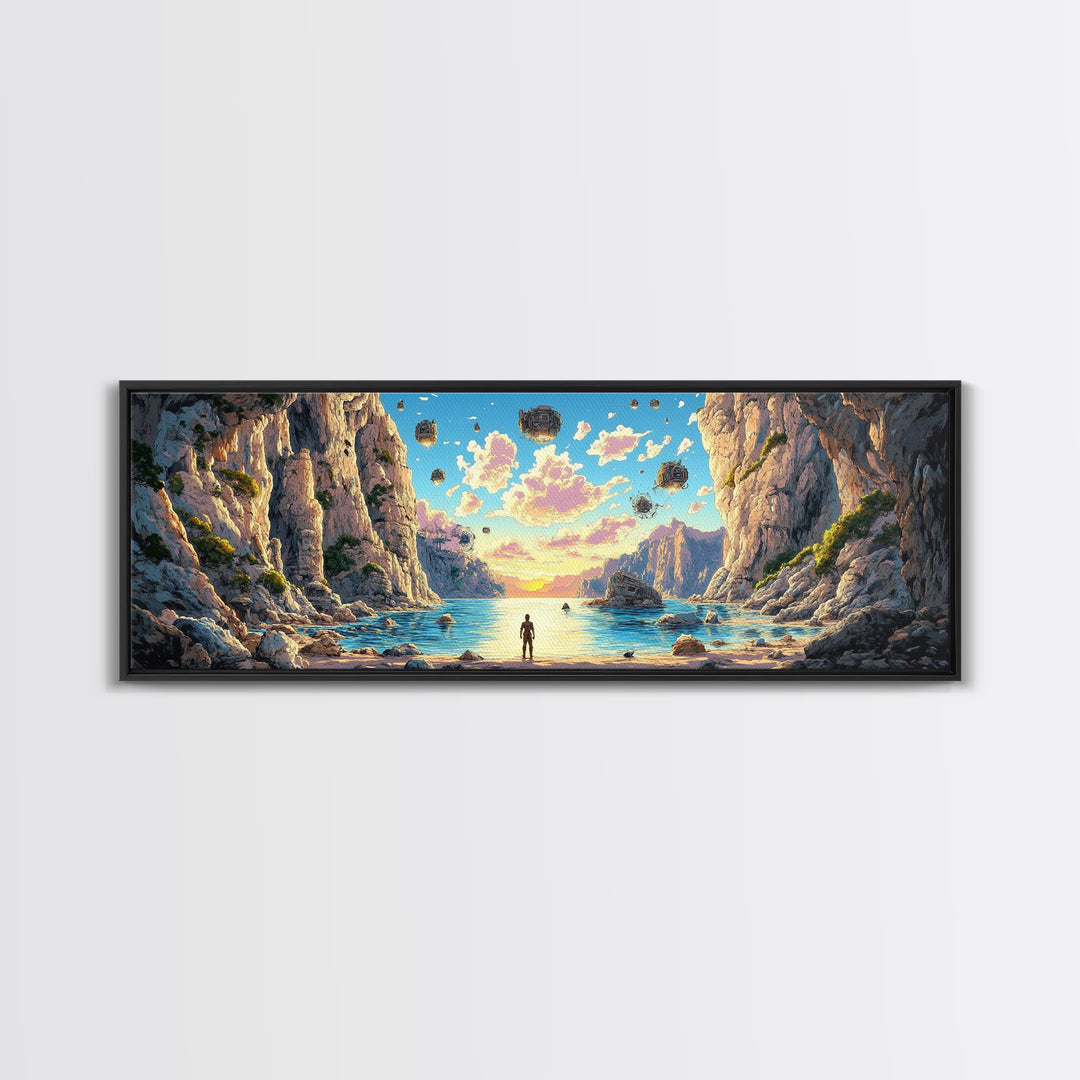 Alien Canyon Lagoon Canvas Print, Floating Rocks Fantasy Landscape, Panoramic Sci Fi Wall Decor, Large Modern Living Room Art