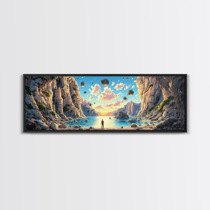 Alien Canyon Lagoon Canvas Print, Floating Rocks Fantasy Landscape, Panoramic Sci Fi Wall Decor, Large Modern Living Room Art