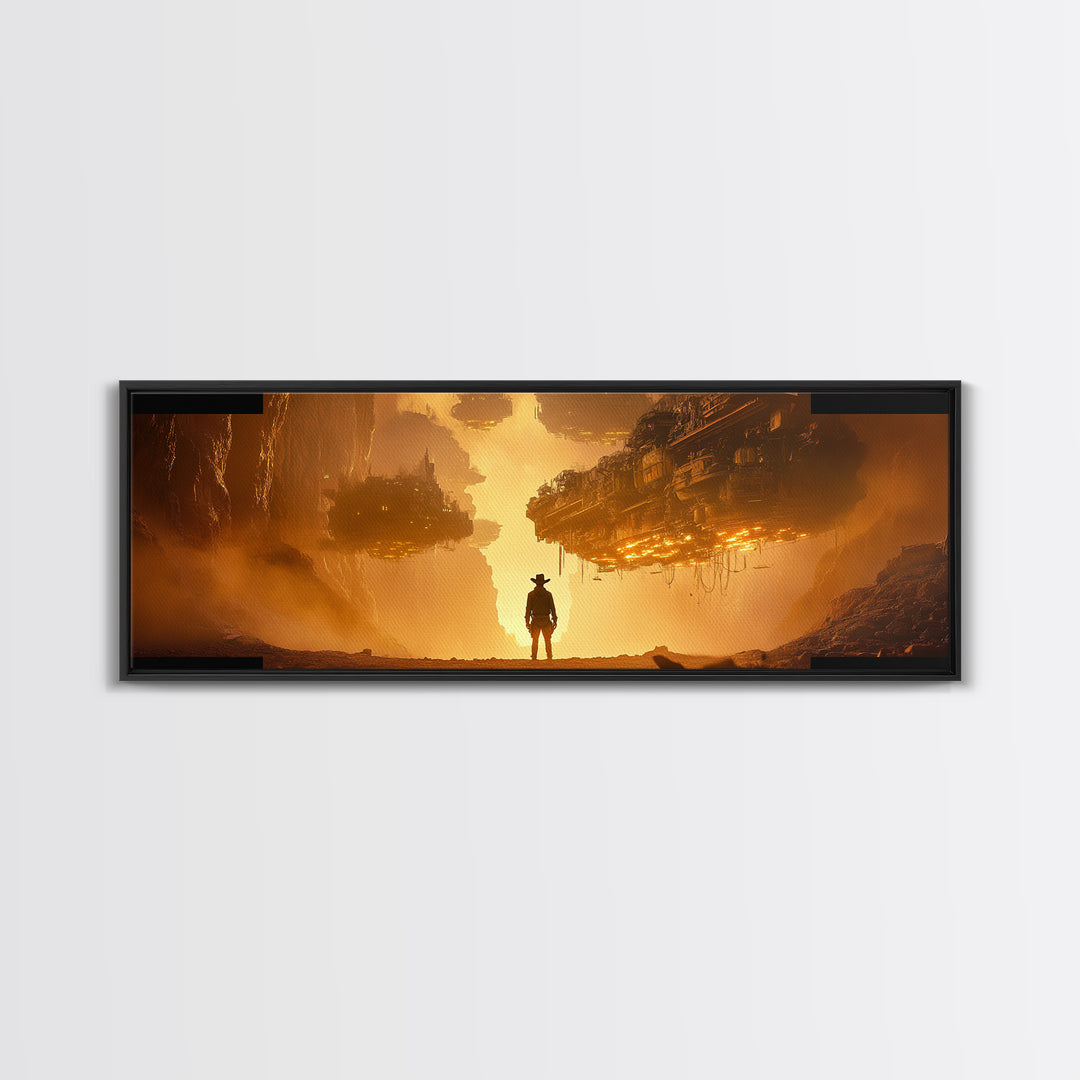 Golden Dystopian Airship Canyon Wall Art, Sci Fi Cowboy Landscape, Orange Futuristic Cinematic Canvas Print, Man Cave Decor
