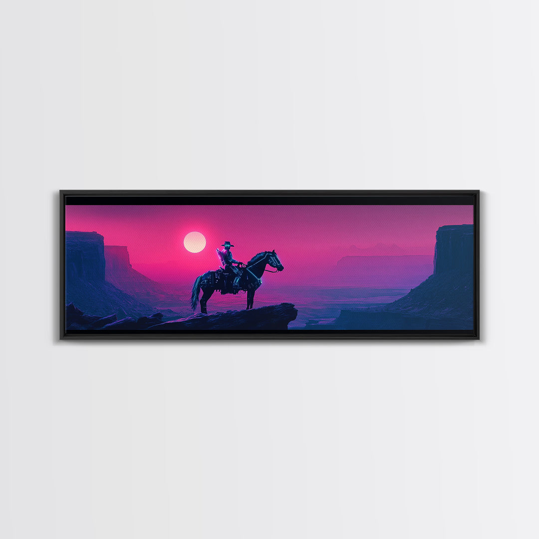Cowboy On Pink Canyon Cliff Canvas Print, Western Wall Decor, Southwestern Landscape Art, Large Panoramic Wall Art, Home Decor