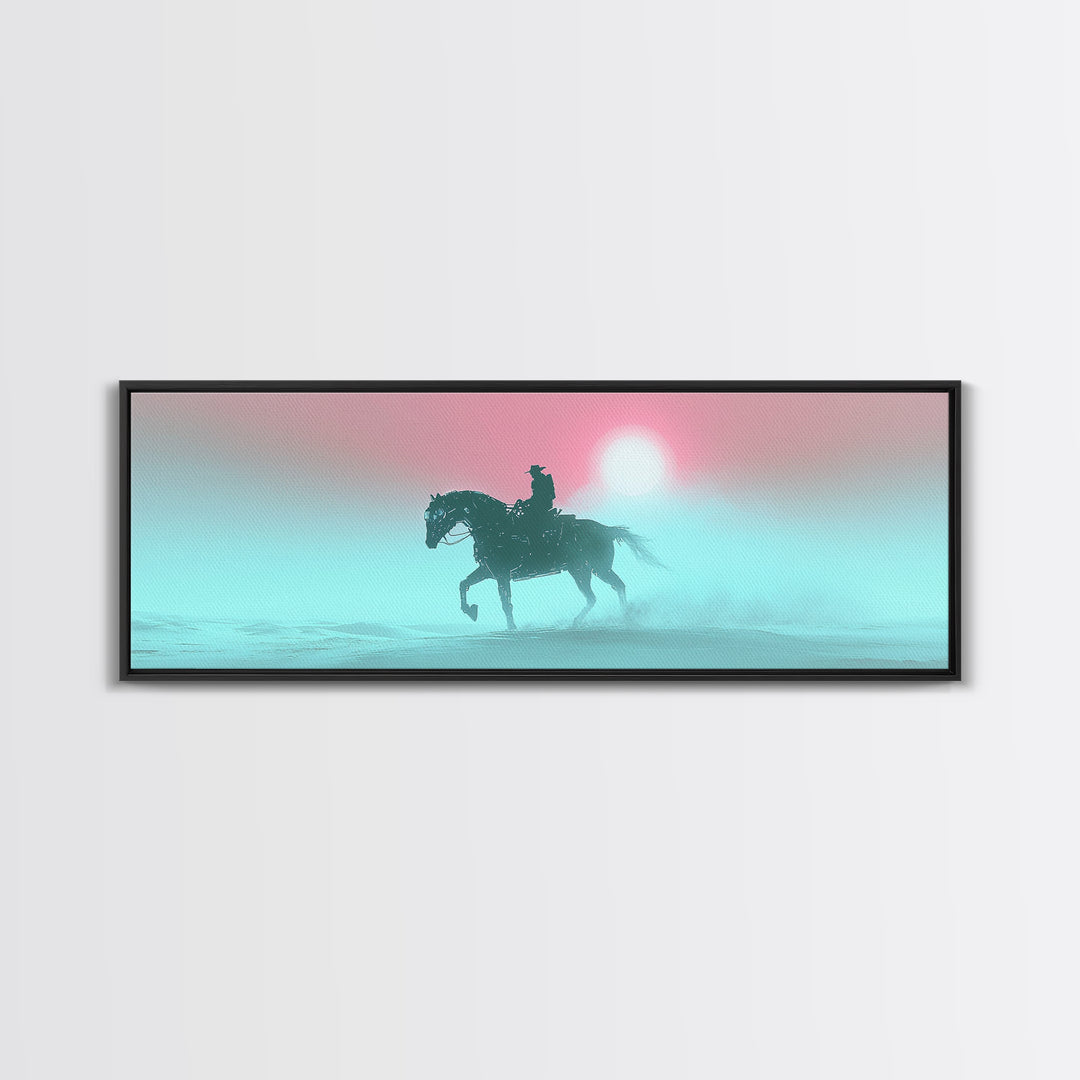 Misty Cowboy Riding Through Pastel Fog Wall Art, Western Horse Canvas Print, Serene Landscape Decor, Calming Bedroom Art
