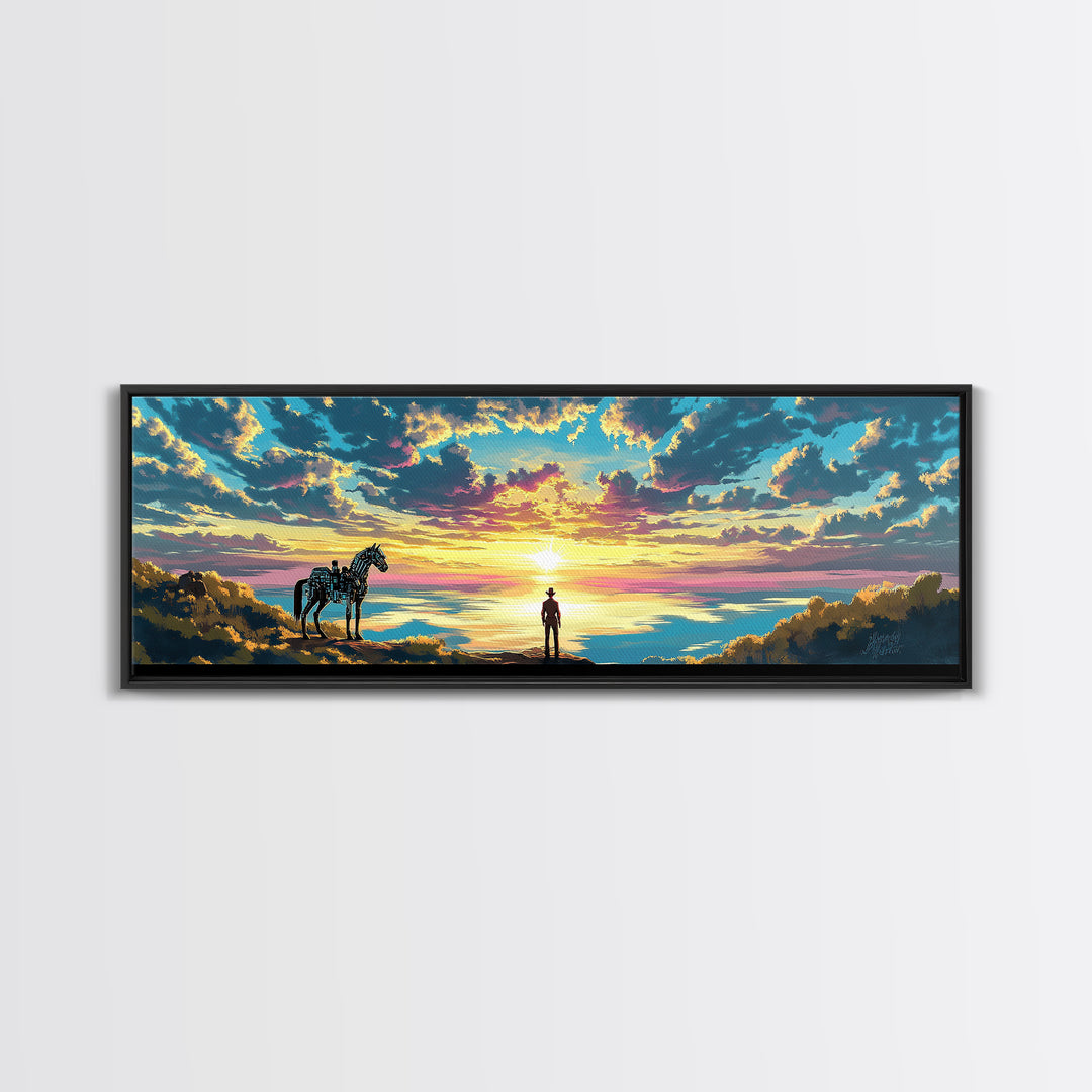 Cowboy And Horse Over Golden Sea Sunrise Framed Canvas Print, Western Landscape Wall Art, Inspirational Home Decor, Above Sofa Art