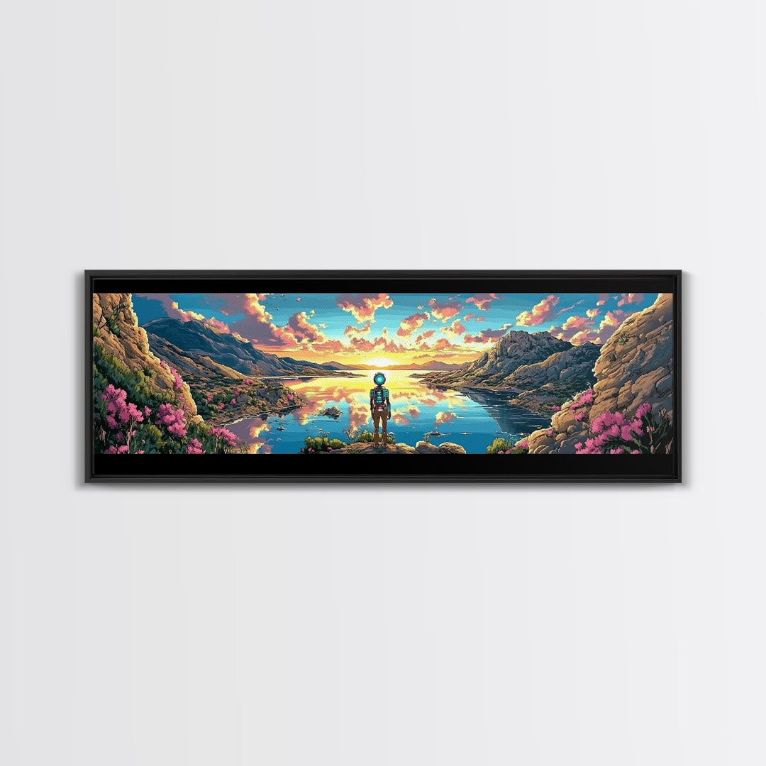 Astronaut Over Flowered Mountain Lake Valley Wall Art, Sci Fi Landscape Canvas Print, Colorful Nature Decor, Gaming Room Art