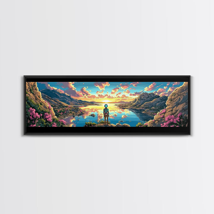 Astronaut Over Flowered Mountain Lake Valley Wall Art, Sci Fi Landscape Canvas Print, Colorful Nature Decor, Gaming Room Art
