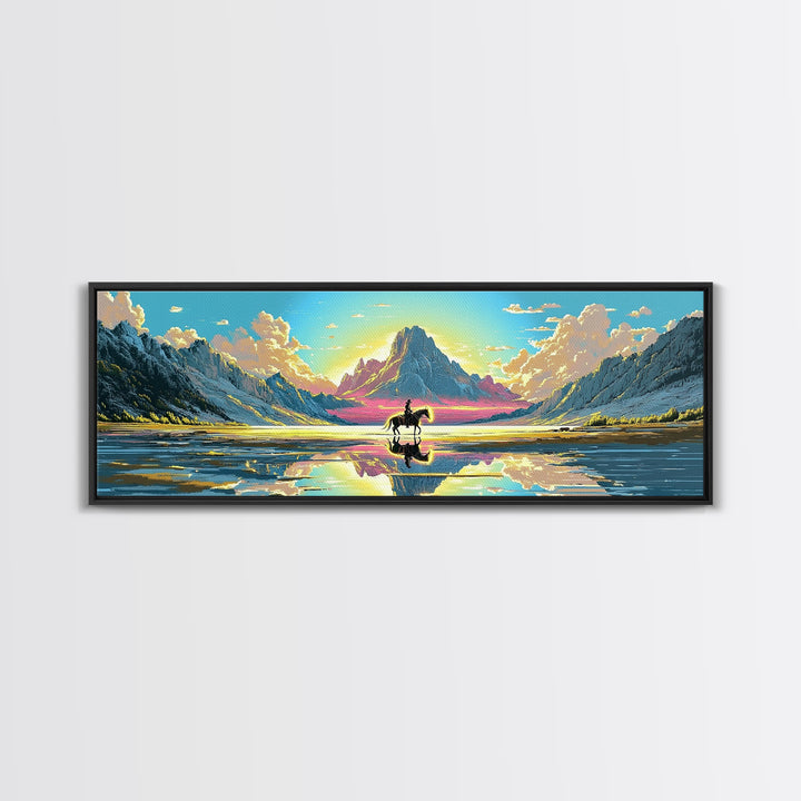 Solitary Rider At Mirror Lake Canvas Print, Western Mountain Landscape Art, Panoramic Wall Art, Rustic Decor, Gift For Him