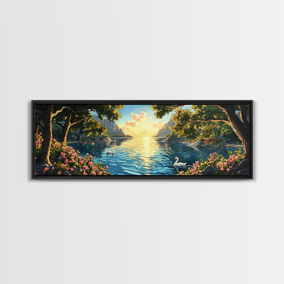 Golden Lakeside Sunset With Swan Wall Art, Romantic Coastal Canvas Print, Serene Landscape Decor, Large Above Bed Art For Bedroom Decor