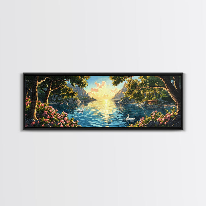 Golden Lakeside Sunset With Swan Wall Art, Romantic Coastal Canvas Print, Serene Landscape Decor, Large Above Bed Art For Bedroom Decor