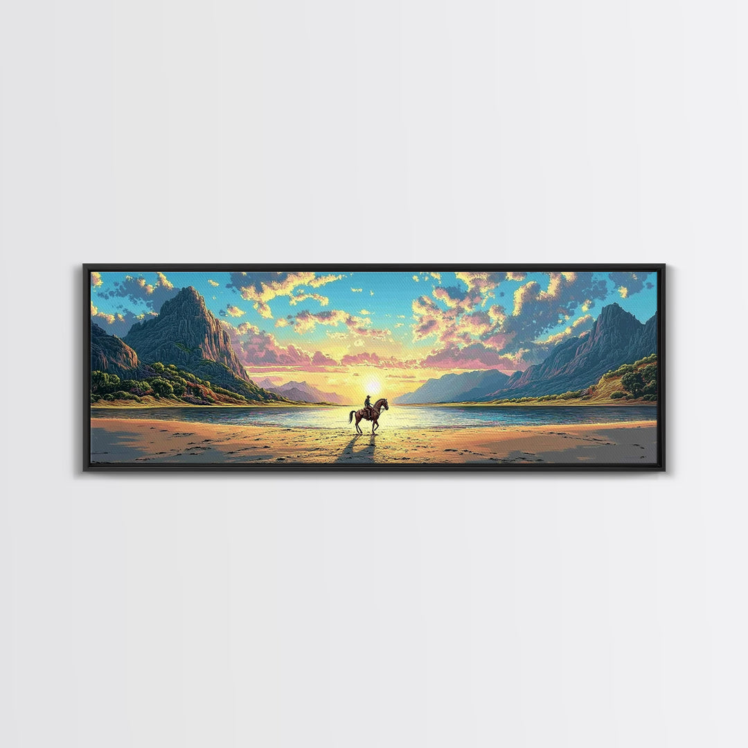 Lone Rider On Sunset Beach Wall Art, Western Coastal Landscape Canvas Print, Mountain Lake Decor, Masculine Office Art Print