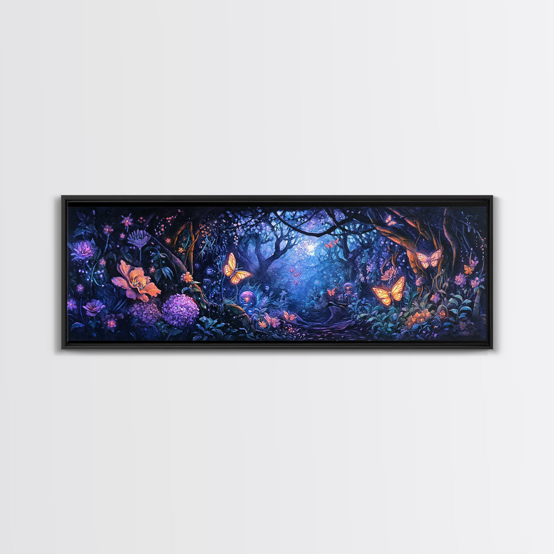 Enchanted Butterfly Forest At Twilight Wall Art, Fantasy Woodland Canvas Print, Dark Floral Decor, Whimsical Bedroom Art