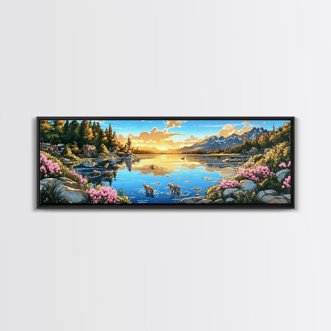 Mountain Lake Sunset With Pink Wildflowers Wall Art, Panoramic Landscape Print, Nature Decor, Living Room Wall Decor, Home Decor