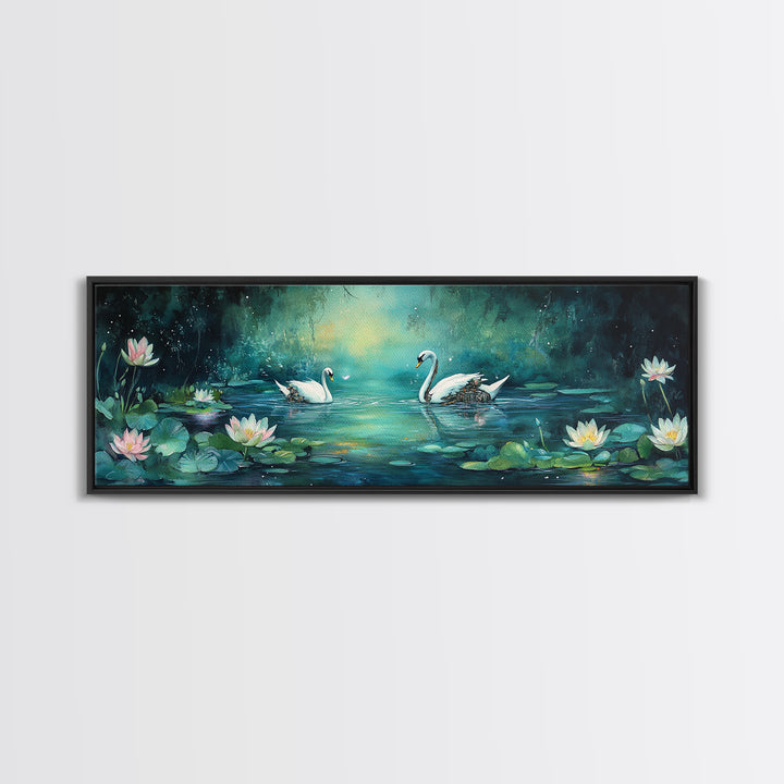 White Swans And Water Lilies Framed Canvas Print, Romantic Nature Wall Art, Elegant Bedroom Decor, Gift For Her, Living Room Art