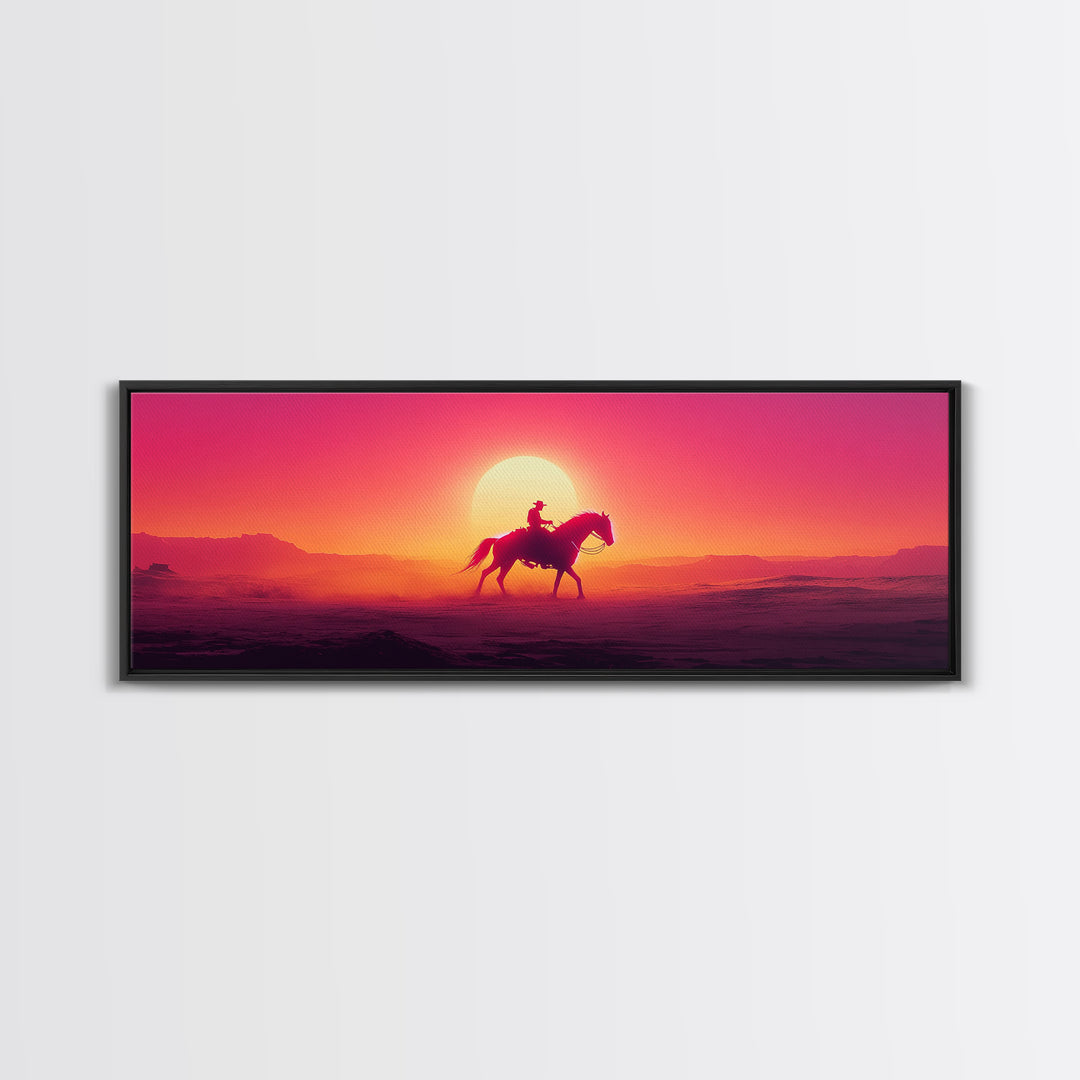 Silhouette Cowboy Riding Horse At Desert Sunset Wall Art, Western Landscape Print, Southwestern Decor, Gift For Him, Man Cave Decor