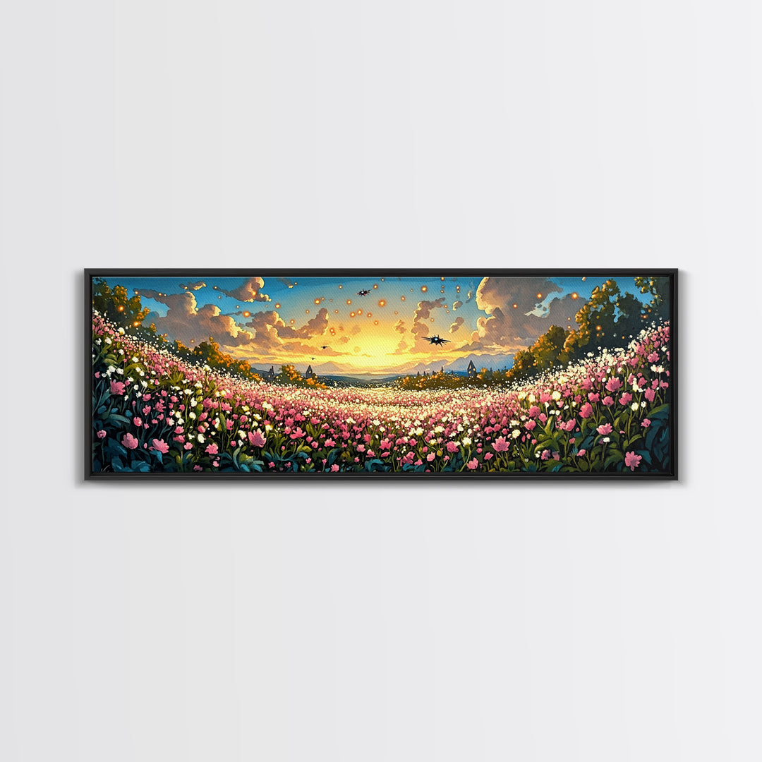 Glowing Lanterns Over Pink Flower Valley Canvas Print, Whimsical Floral Wall Art, Maximalist Decor, Living Room Decor, Home Decor