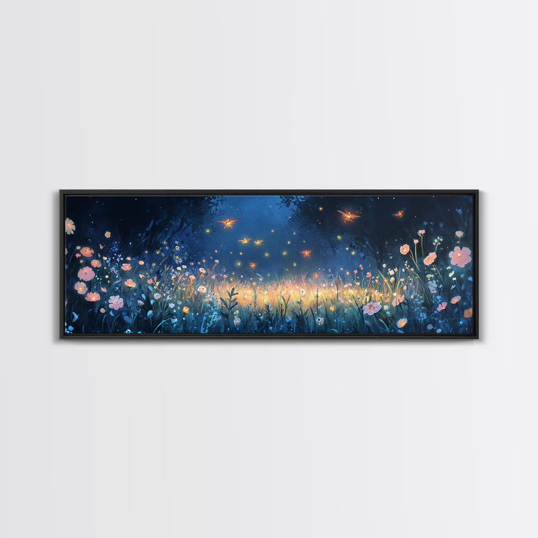Firefly Night Meadow With Soft Wildflowers Framed Canvas Print, Whimsical Wall Art, Dark Floral Decor, Bedroom Wall Decor