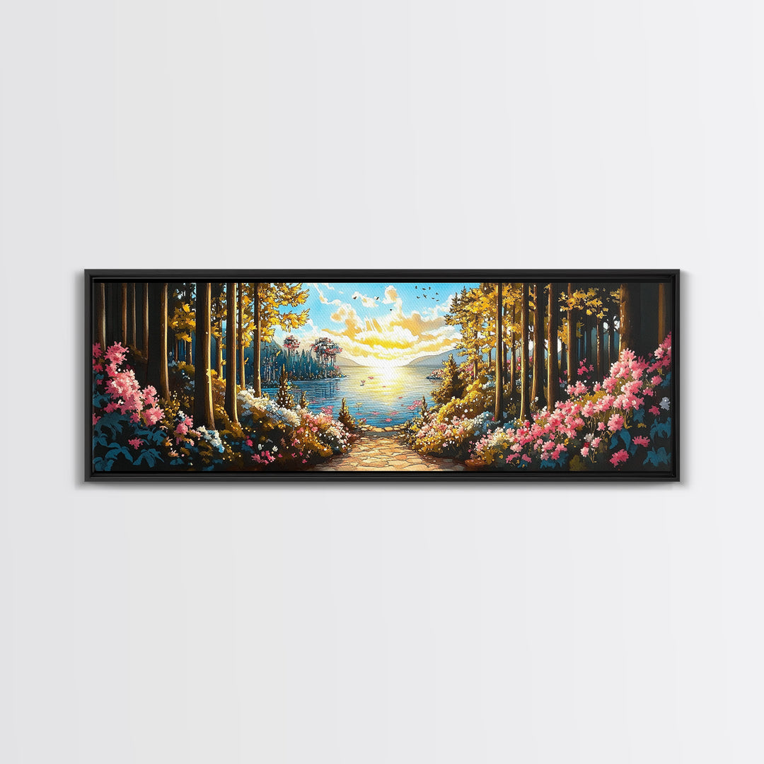Sunlit Forest Lake Path With Pink Flowers Wall Art, Panoramic Canvas Print For Living Room Decor And Nature Home Decor Gift
