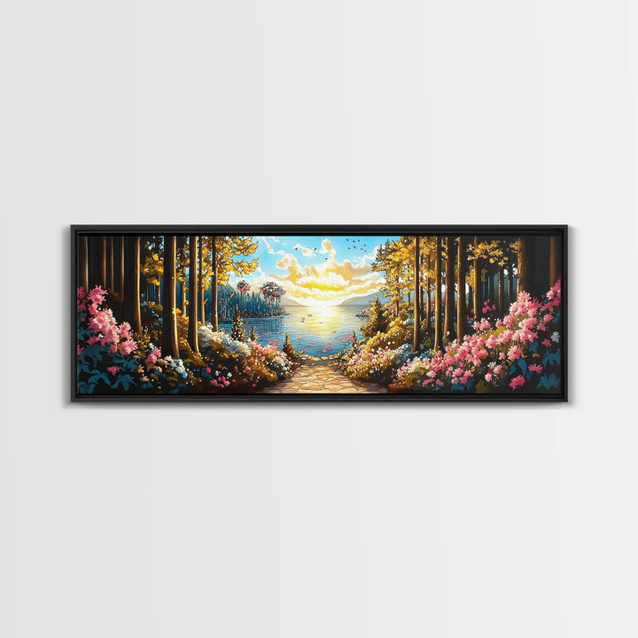 Sunlit Forest Lake Path With Pink Flowers Wall Art, Panoramic Canvas Print For Living Room Decor And Nature Home Decor Gift