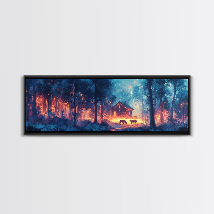 Glowing Cabin In Blue Twilight Forest Framed Canvas Print, Moody Landscape Wall Art For Rustic Home Decor And Office Decor