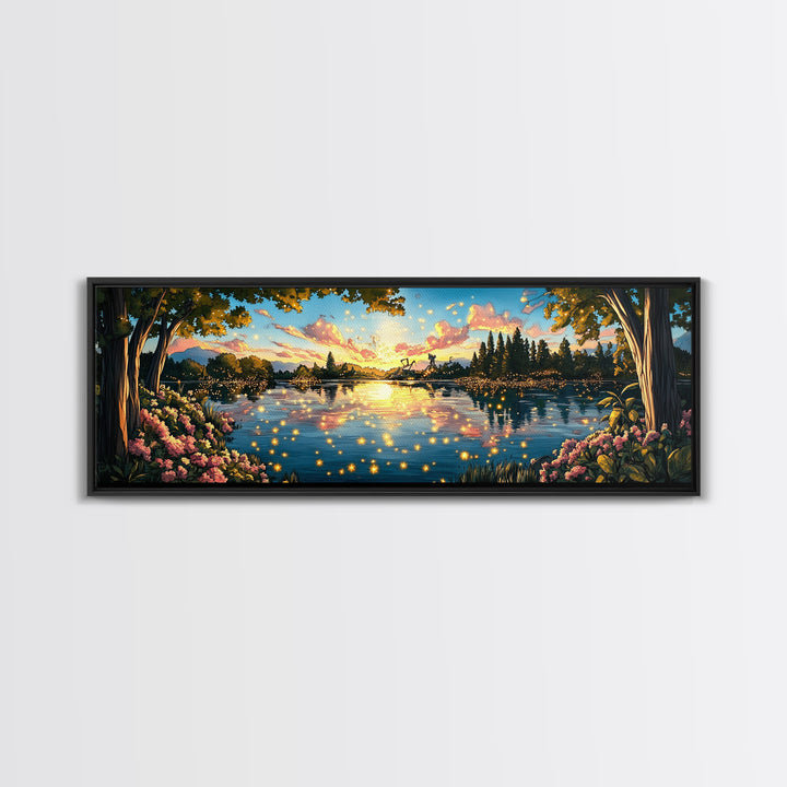 Golden Sunset Lake With Fireflies And Pink Blossoms Canvas Print, Romantic Nature Wall Art For Bedroom Decor And Home Decor