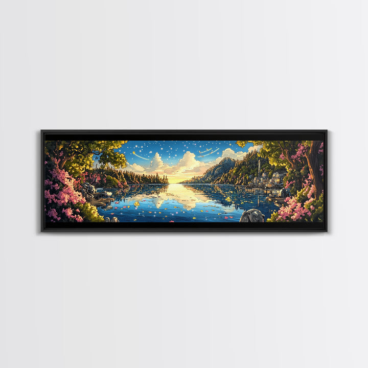 Starry Mountain Lake Village With Pink Flowers Framed Canvas Print, Panoramic Landscape Wall Art For Living Room Decor And Home Decor