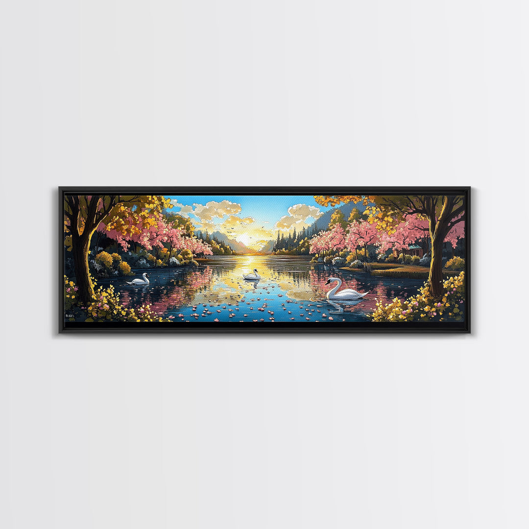 Swans On Golden Lake With Cherry Blossoms Framed Canvas Print, Romantic Landscape Wall Art For Bedroom Decor And Home Decor