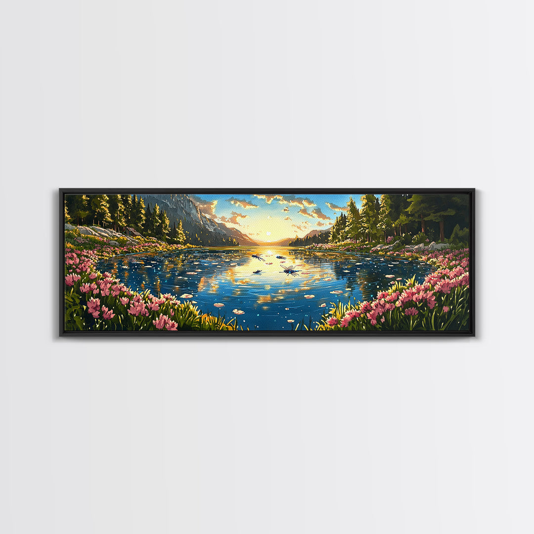 Sparkling Mountain Lake With Pink Wildflowers Canvas Print, Panoramic Landscape Wall Art, Nature Decor For Living Room Gift