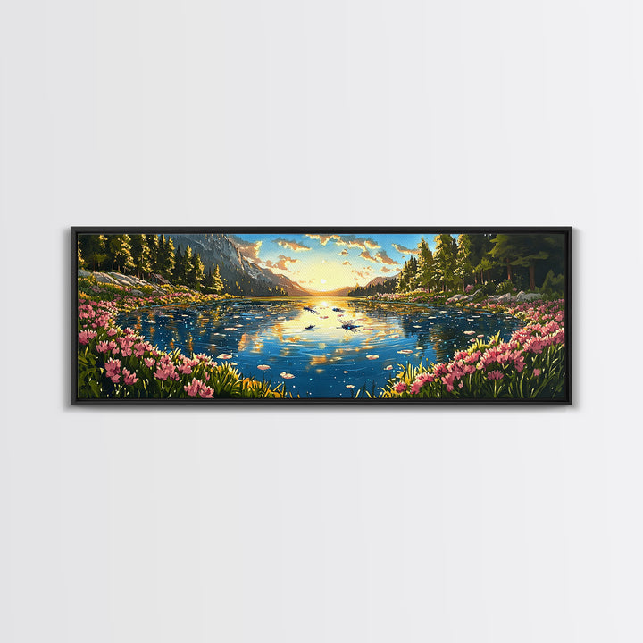 Sparkling Mountain Lake With Pink Wildflowers Canvas Print, Panoramic Landscape Wall Art, Nature Decor For Living Room Gift