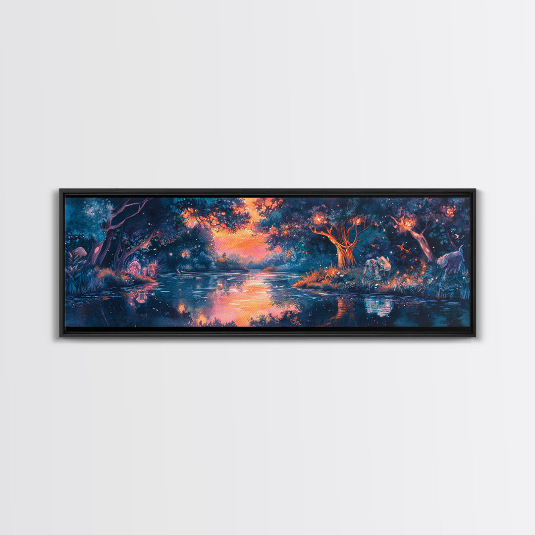 Enchanted Twilight Forest Lake Wall Art, Magical Firefly Landscape Canvas, Fantasy Woodland Decor, Panoramic Nature Print