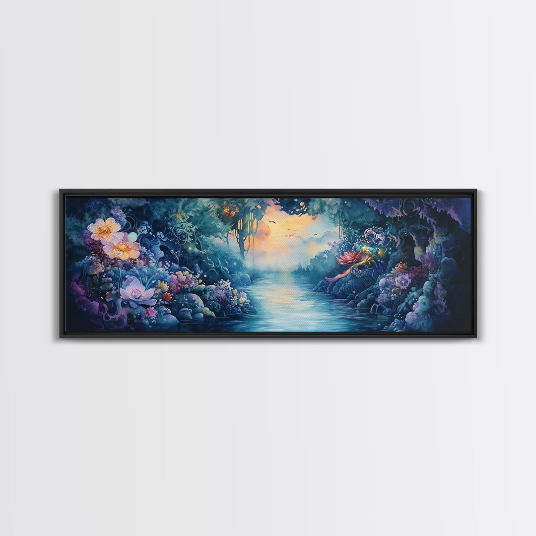 Mystical Flower Grotto River Wall Art, Fantasy Botanical Canvas Print, Whimsical Fairycore Decor, Dreamy Landscape Art Print