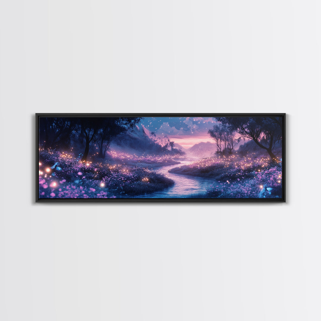 Glowing Purple Meadow Stream Wall Art, Twilight Firefly Landscape Canvas Print, Dreamy Forest Decor, Magical Nature Art Gift