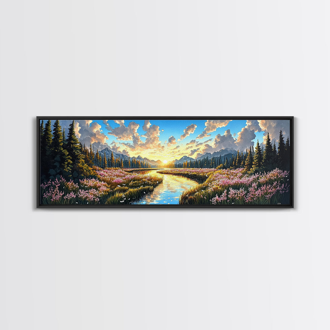Alpine Mountain Meadow Creek Wall Art, Sunrise Wildflower Landscape Canvas Print, Cabin Decor, Living Room Wall Decor, Nature Art