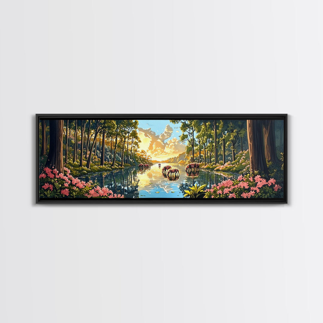 Sunlit Forest River With Wild Horses Wall Art, Panoramic Canvas Print, Nature Landscape, Living Room Decor, Housewarming Gift