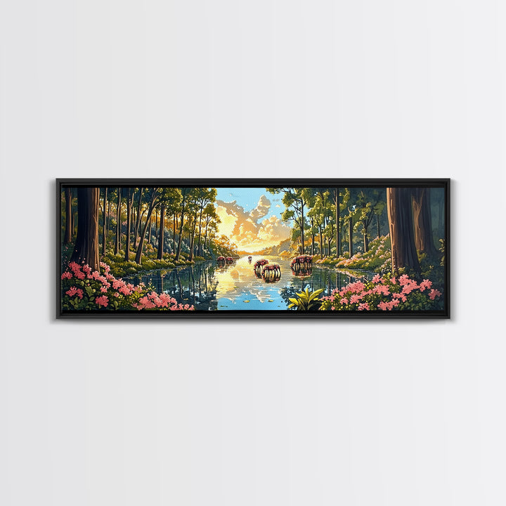 Sunlit Forest River With Wild Horses Wall Art, Panoramic Canvas Print, Nature Landscape, Living Room Decor, Housewarming Gift