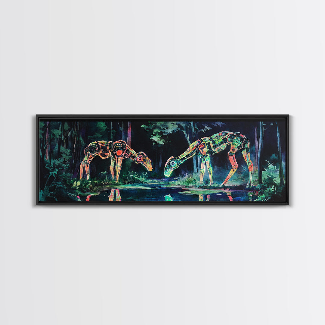 Neon Robotic Deer In Dark Forest Wall Art, Futuristic Canvas Print, Cyberpunk Decor, Sci Fi Art, Gaming Room Wall Decor, Gift For Him