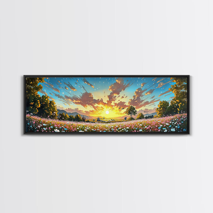 Golden Sunrise Wildflower Meadow Wall Art, Wide Horizontal Canvas Print, Landscape Art, Above Sofa Decor, Modern Home Decor