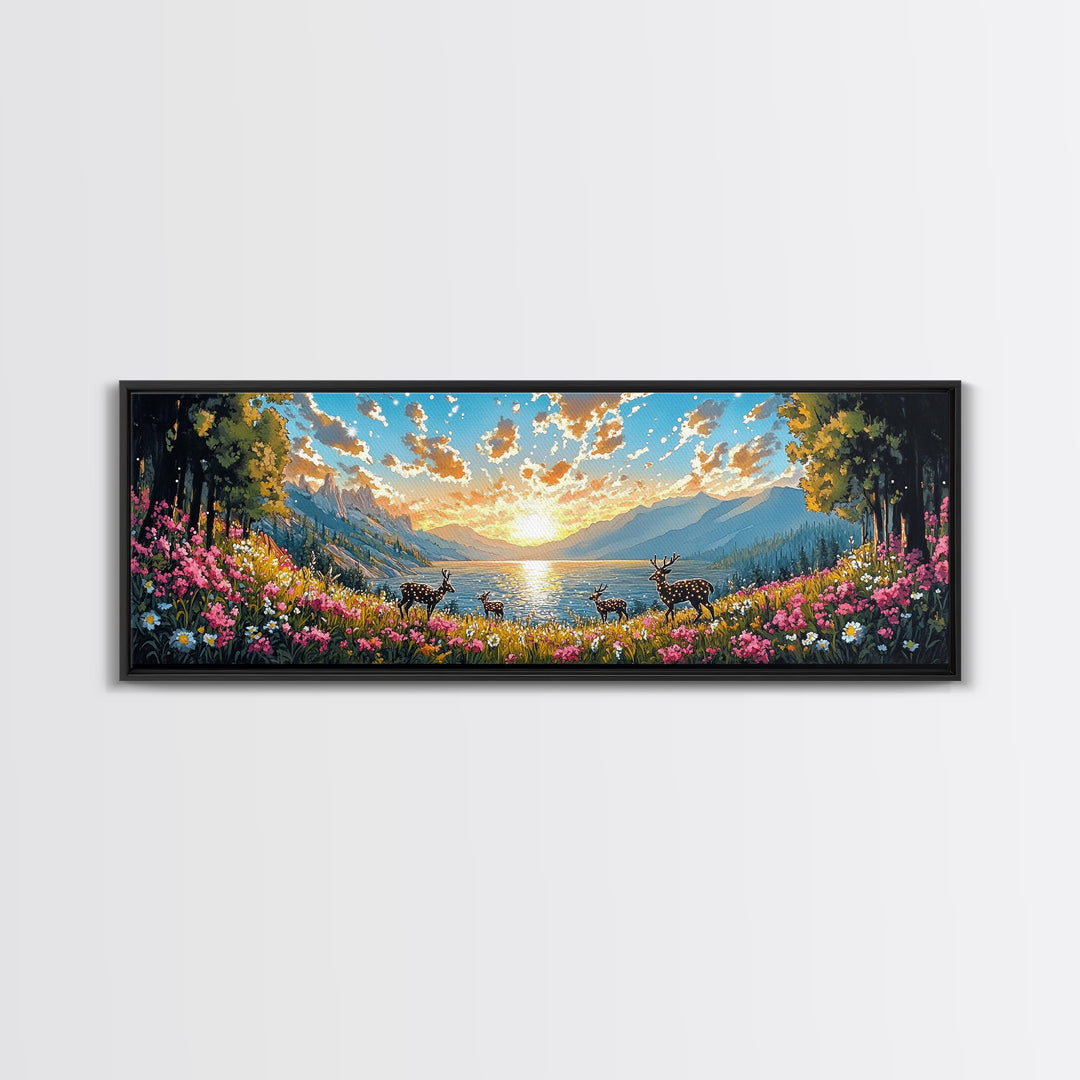 Deer Herd At Golden Alpine Lake Sunrise Wall Art, Wildflower Mountain Landscape Canvas Print, Large Living Room Decor, Housewarming Gift