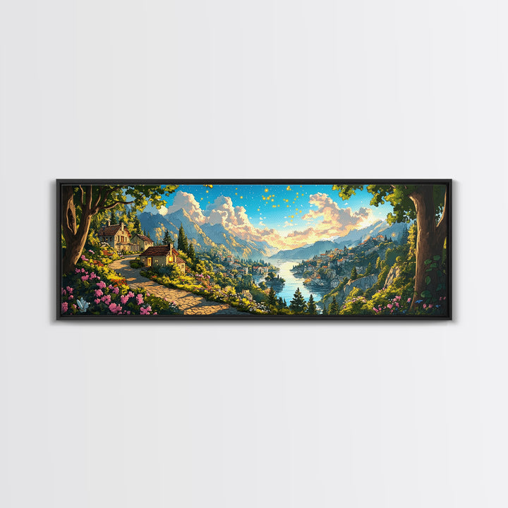 Sunlit Lakeside Village And Mountain Garden Canvas Print, Italian Landscape Wall Art, Travel Poster, Elegant Home Decor, Fine Art Print