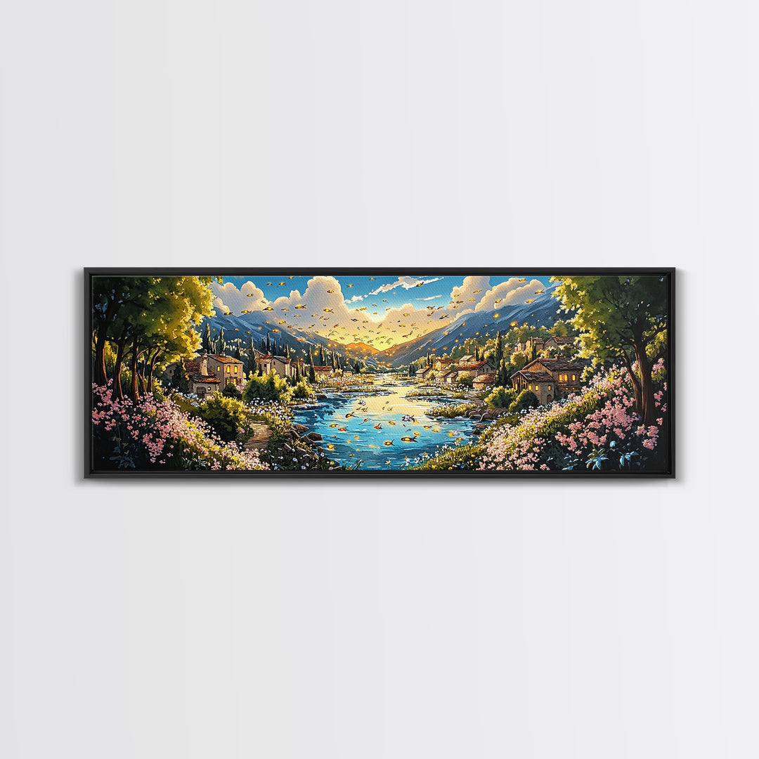 Sunny Mountain River Village With Wildflowers Wall Art, Panoramic Landscape Canvas Print, Rustic Home Decor, Above Sofa Art