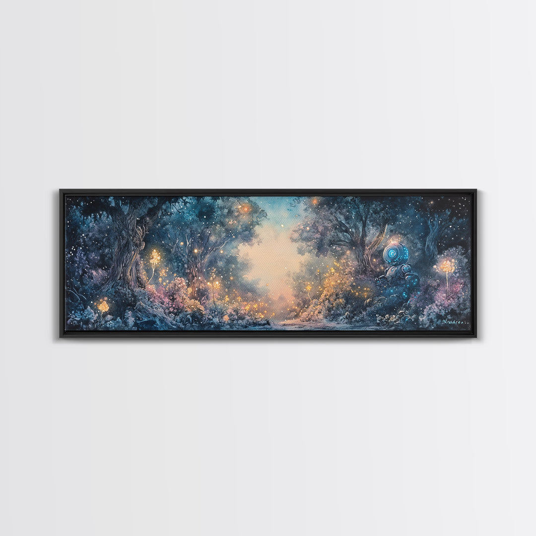 Enchanted Blue Forest With Glowing Fireflies Wall Art, Fantasy Landscape Canvas Print, Magical Woodland Living Room Decor