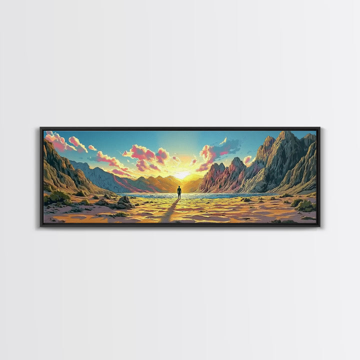 Radiant Mountain Sunrise Valley With Lone Wanderer Wall Art, Panoramic Landscape Canvas Print, Large Modern Living Room Decor
