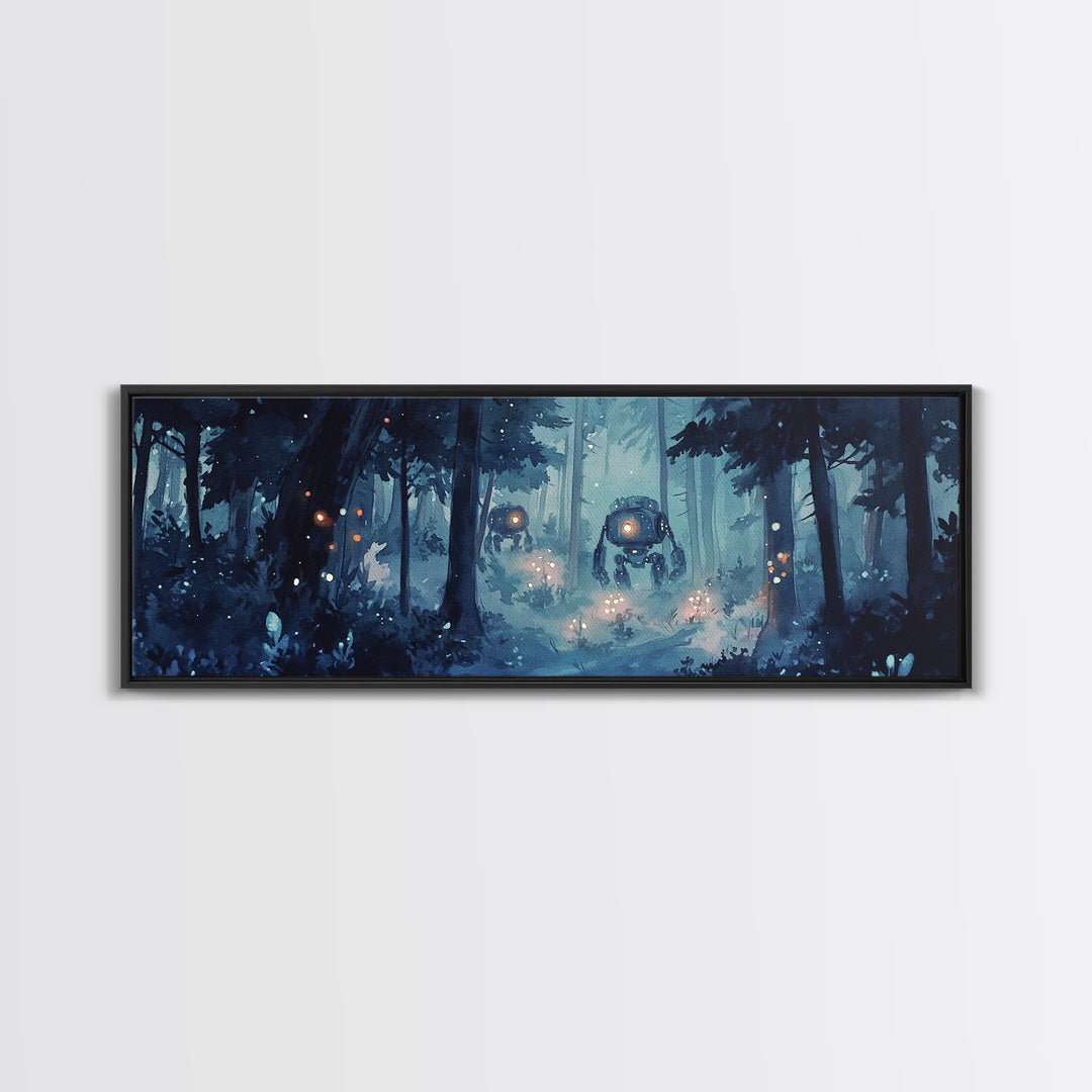 Misty Blue Forest Robots With Glowing Lantern Eyes Wall Art, Sci Fi Fantasy Canvas Print, Moody Woodland Home Office Decor