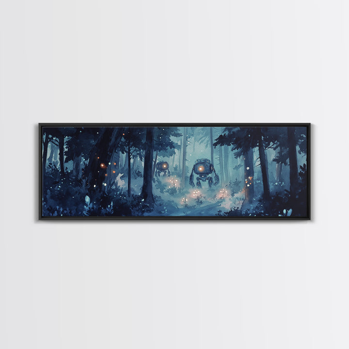 Misty Blue Forest Robots With Glowing Lantern Eyes Wall Art, Sci Fi Fantasy Canvas Print, Moody Woodland Home Office Decor