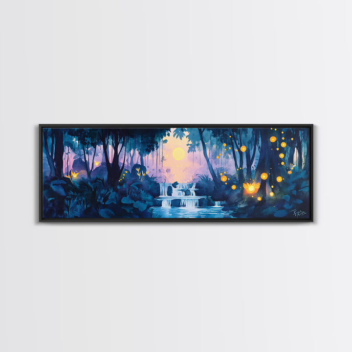 Moonlit Blue Jungle Waterfall With Glowing Fireflies Wall Art, Fantasy Watercolor Canvas Print, Whimsical Bathroom Decor