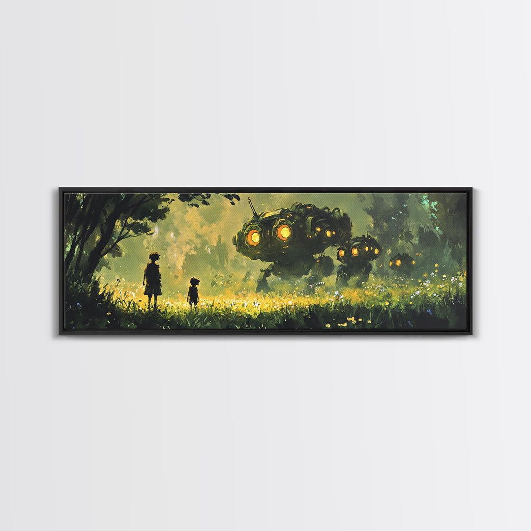 Children In Glowing Meadow Watching Flying Robots Wall Art, Sci Fi Fantasy Canvas Print, Whimsical Futuristic Home Decor