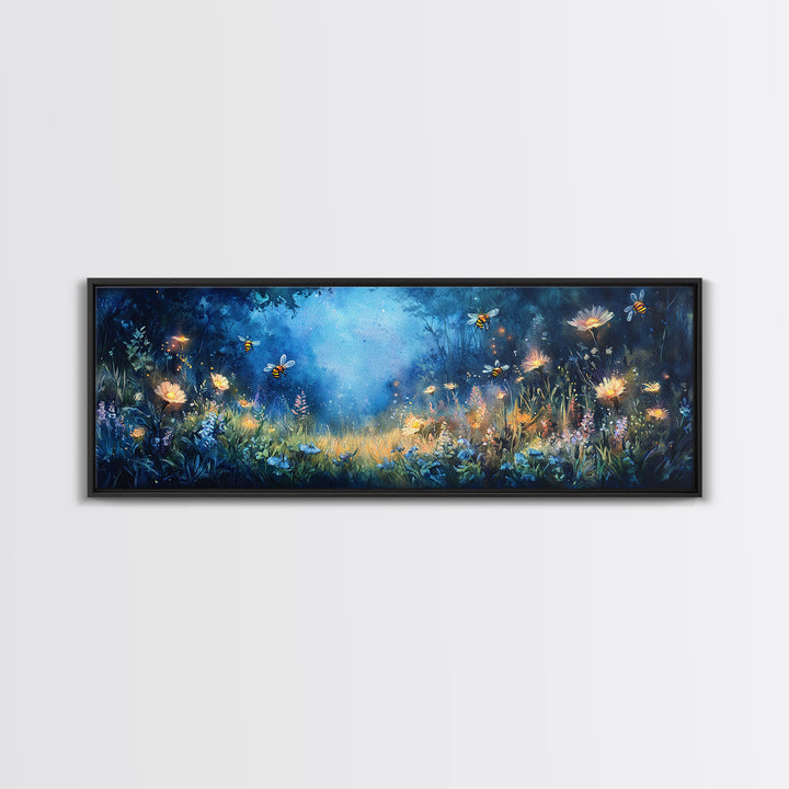 Glowing Firefly Wildflower Night Meadow Canvas Print, Whimsical Wall Art, Moody Botanical Art, Dark Blue Wall Decor, Bedroom Decor