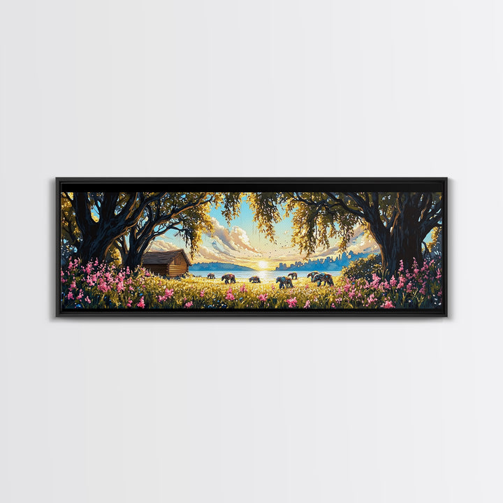Rustic Lakeside Cabin Horse Meadow Framed Canvas Print, Country Wall Art, Farmhouse Decor, Landscape Wall Decor, Lake House Decor