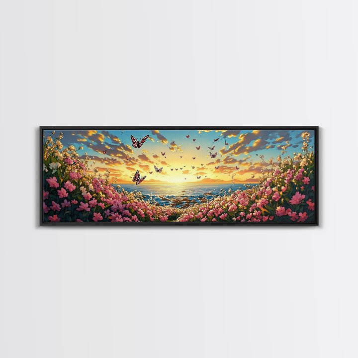 Butterfly Ocean Sunset Pink Flower Canvas Print, Coastal Wall Art, Romantic Bedroom Art, Beach House Decor, Gift For Her